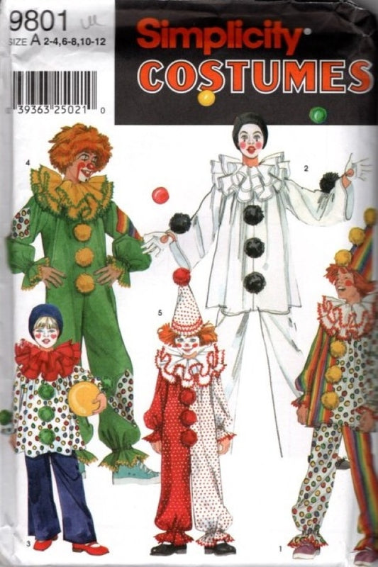 Simplicity 9801 Retro 2001 Sewing Pattern Halloween Party Clown Costume, Pierrot Mime, It Jumpsuit, Tops, Pants, Neck Ruffs Size 2-12