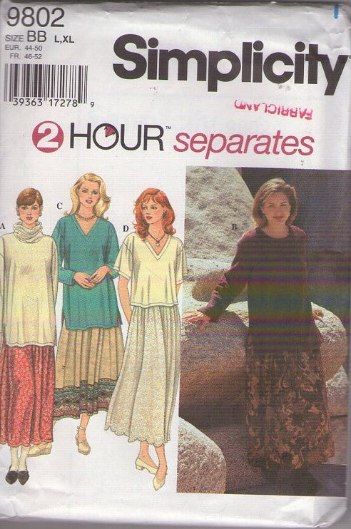 Simplicity 9802 Retro 90's Sewing Pattern Easy Oversized Top, Shirt, Boho Midi Skirt, 2 Hour Separates, Size L-XL