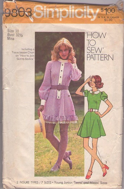Simplicity 9803 Vintage 70's Sewing Pattern Mod Dress, Puff Sleeve Cottagecore Mini Dress Set, Puff Sleeves, Ruffles Size 10