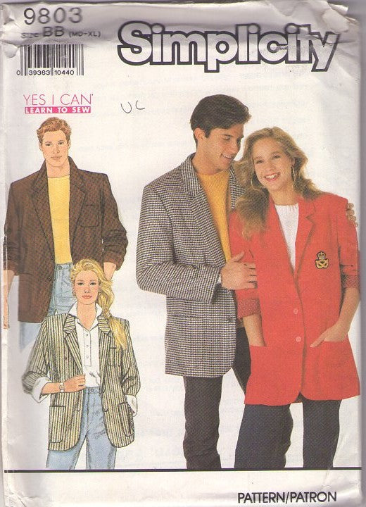 Simplicity 9803 Vintage 90's Sewing Pattern Brat Pack Blazers, New Wave Oversized Boyfriend Jacket, Blazer Suit Jacket Size M-XL