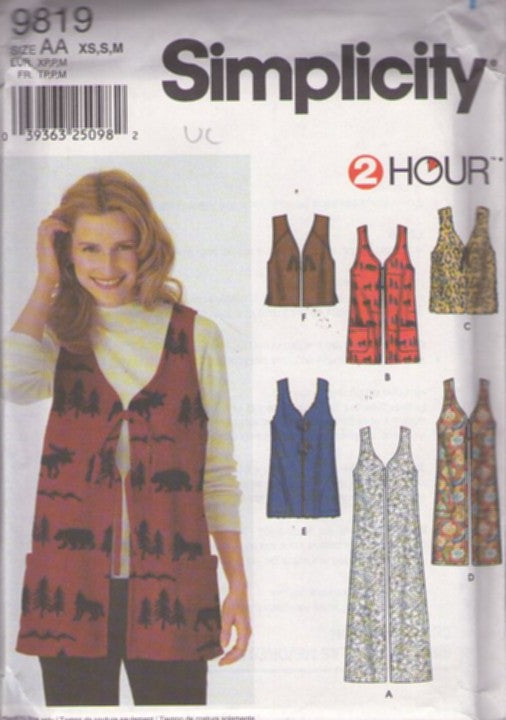 Simplicity 9819 Retro 2001 Sewing Pattern Easy Vests, 2 Hour Shaped V Neck Vest, Duster Set Size XS-M