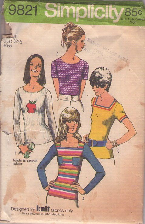 Simplicity 9821 Vintage 70's Sewing Pattern Set of Tops, Scoop or Square Neck Knit Tshirt Top Size 10