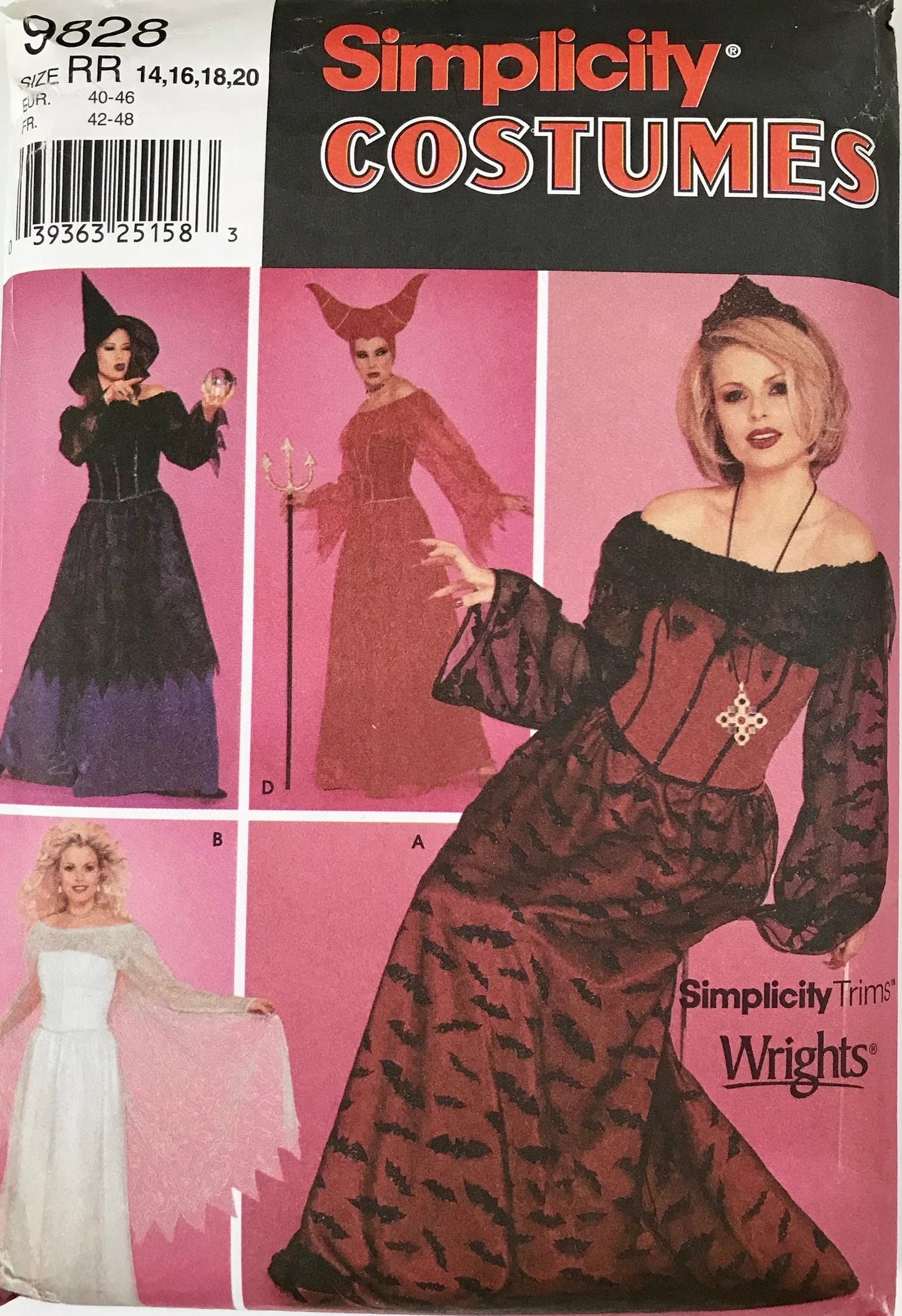 Simplicity 9828 Retro Sewing Pattern Theatrical Costumes, From the Movies, Maleficent, Sleeping Beauty Angelina Jolie Evil Witch 2 Pc Dress & Horned Hat, Wicked Witch, Fairie Blouse, Skirt 14-20