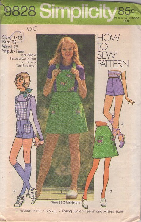 Simplicity 9828 Vintage 70's Sewing Pattern Easy Skirts, Shorts, Mod Bib Shorts Overalls Jumper, Flared Skirt Size 11/12
