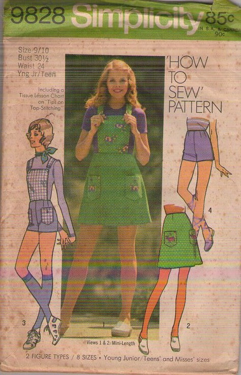 Simplicity 9828 Vintage 70's Sewing Pattern Easy Skirts, Shorts, Mod Bib Shorts Overalls Jumper, Flared Skirt Size 9/10