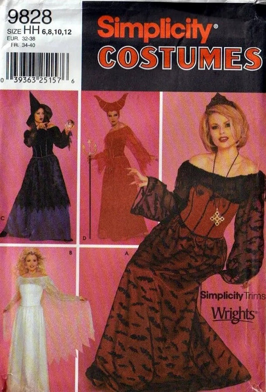 Simplicity 9828 Retro 2001 Sewing Pattern Theatrical Costumes, From the Movies, Maleficent, Sleeping Beauty Angelina Jolie Evil Witch 2 Pc Dress & Horned Hat, Wicked Witch, Fairie Blouse, Skirt 6-12