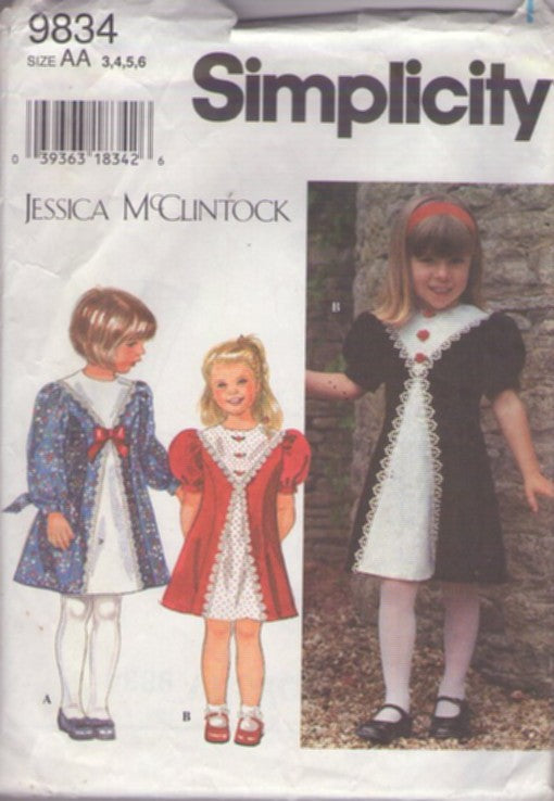 Simplicity 9834 Retro 90's Sewing Pattern Girl's Dresses, Designer Jessica McClintock Front Lace & Contrast Interest School Party Dress 2 Styles Size 3-6