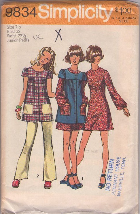 Simplicity 9834 Vintage 70's Sewing Pattern Mod Separates, Fit & Flared Balloon Sleeve Mod Mini Dress, Button Front Smock Top Cover Up Blouse, Flared Pants Size 7JP