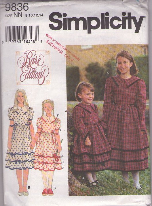 Simplicity 9836 Vintage 90's Sewing Pattern Girl's Dress, Rare Editions Modest Laura Ashley Style Large Collar Full Skirt Cottagecore Dress, 2 Styles Size 8-14
