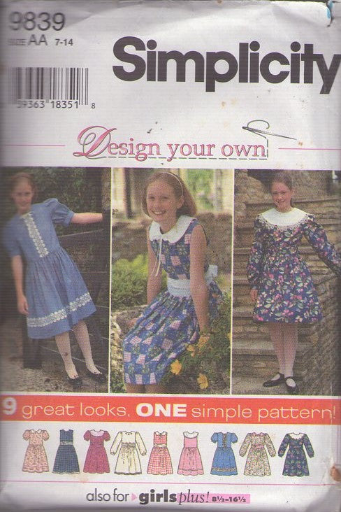 Simplicity 9839 Retro 90's Sewing Pattern Girl's Dress Set, Design Your Own 9 Great Looks Girl's Modest Cottagecore Party Dress Set Size 7-14