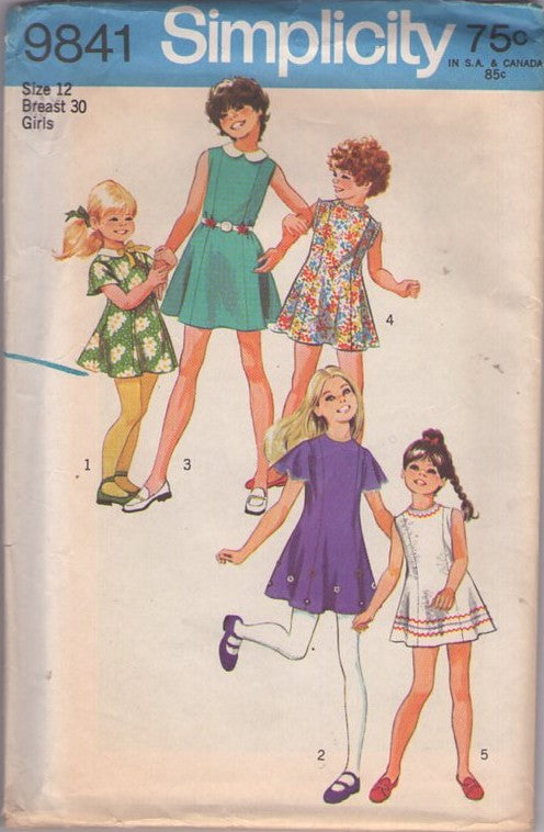Simplicity 9841 Vintage 70's Sewing Pattern Girl's Mod Dress Set, Princess Seams, Flared Skirt, 5 Styles Size 10
