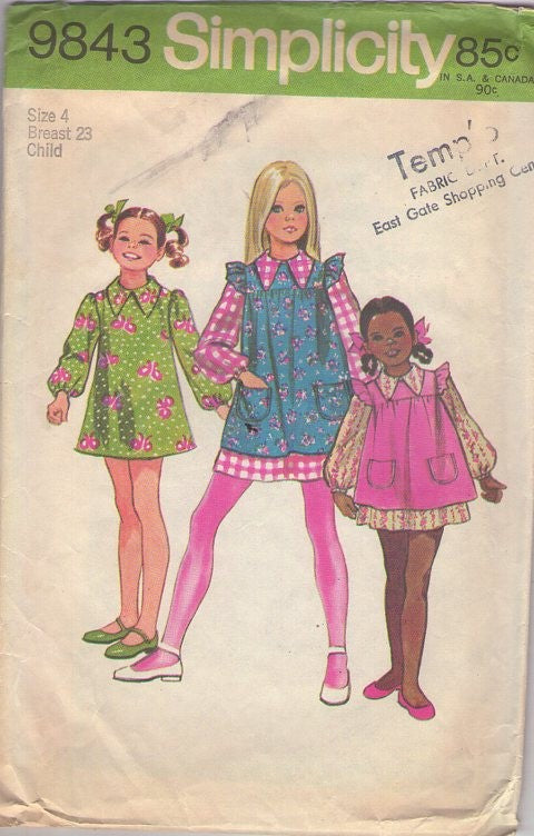 Simplicity 9843 Vintage 70's Sewing Pattern Girl's Mod Dress Set, Brady Bunch Cindy Jan Marcia Short Flared Dress, Pinafore Jumper Size 4