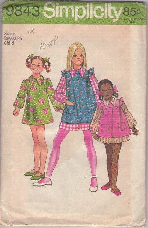 Simplicity 9843 Vintage 70's Sewing Pattern Girl's Mod Dress Set, Brady Bunch Cindy Jan Marcia Short Flared Dress, Pinafore Jumper Size 6