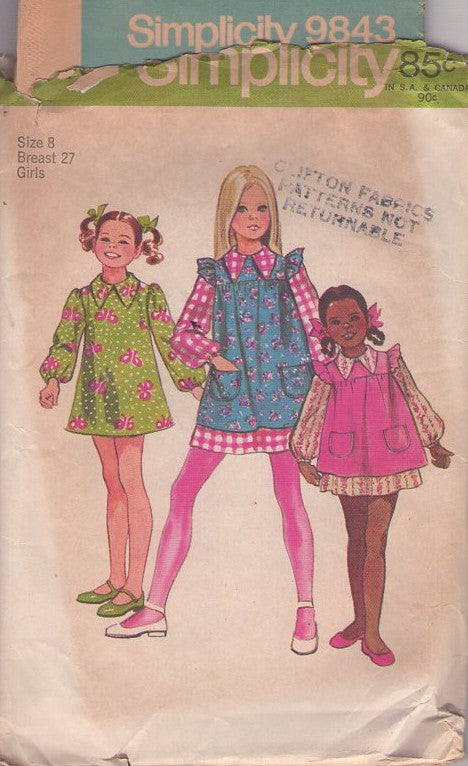 Simplicity 9843 Vintage 70's Sewing Pattern Girl's Mod Dress Set, Brady Bunch Cindy Jan Marcia Short Flared Dress, Pinafore Jumper Size 8