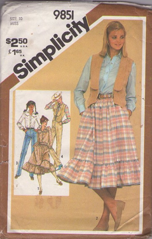 Simplicity 9851 Vintage 80's Sewing Pattern Western Look Separates, Brat Pack Era, Yoked Blouse, Shawl Collar Vest, Ruffled Tier Granny Prairie Skirt, Jeans, Pants Size 10