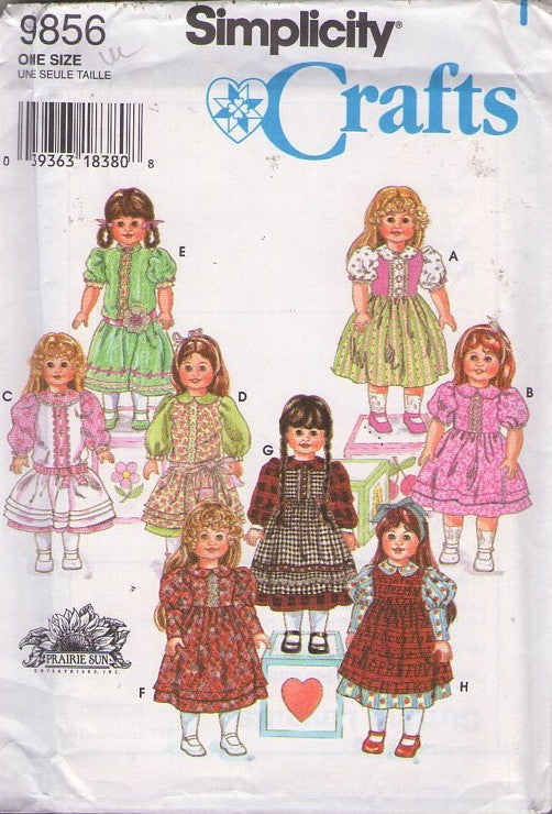 Simplicity 9856 Retro 90's Sewing Pattern Doll Clothes, Prairie Sun, Dress, Pinafore, 8 Styles for 18" Dolls