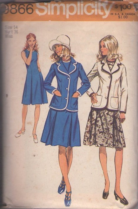 Simplicity 9866 Vintage 70's Sewing Pattern Secretary Dress & Jacket, Inverted Skirt Pleats Dress, Band Trim Blazer Suit Jacket Size 14