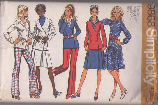 Simplicity 9868 Vintage 70's Sewing Pattern Secretary Separates, Front Wrap Snap or Button Cardigan Suit Jacket, Button Front Blouse, Pleated Skirt & Pants Size 12 UNCUT
