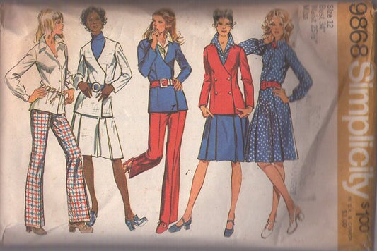 Simplicity 9868 Vintage 70's Sewing Pattern Secretary Separates, Front Wrap Snap or Button Cardigan Suit Jacket, Button Front Blouse, Pleated Skirt & Pants Size 12 CUT
