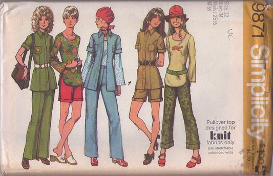 Simplicity 9871 Vintage 70's Sewing Pattern Mod Separates, Militant Style Scoop Neck Pullover Tshirt Top, Cuffed Shirt Jacket, Cuffed Shorts, Slacks Size 12