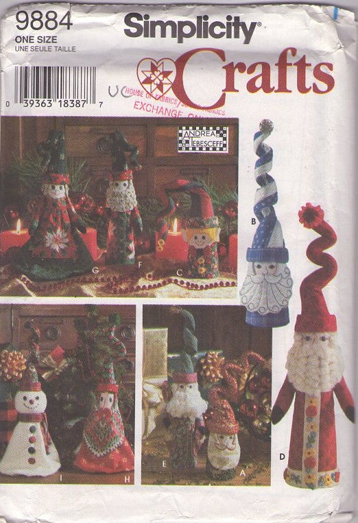 Simplicity 9884 Retro 90's Sewing Pattern Holiday Crafts, A Touch of Whimsy Designer Andrea Ebesceff Santa Claus, Snowman, Elf Twisted Hat Toy Decorations