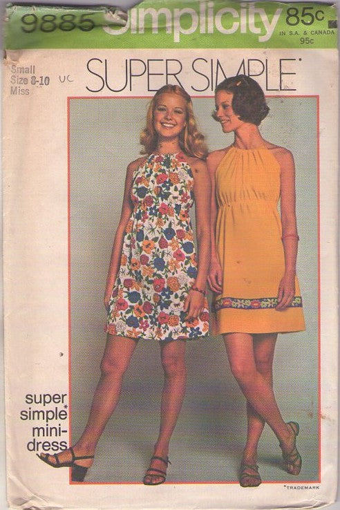 Simplicity 9885 Vintage 70's Sewing Pattern Mini Dress Set, Super Simple Drawstring High Waist Mod Mini Dress Size S