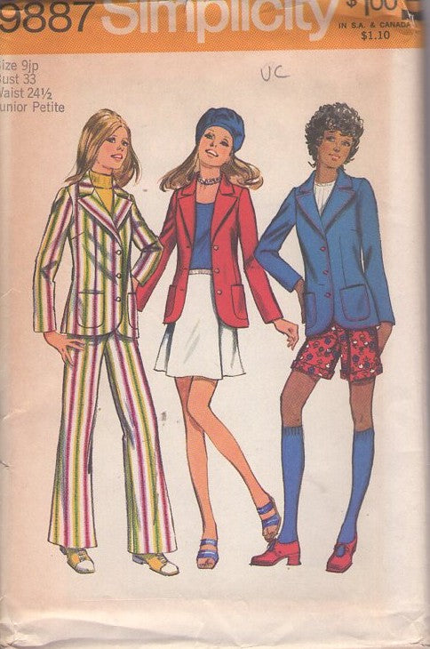 Simplicity 9887 Vintage 70's Sewing Pattern Hipster Separates, Fitted Blazer Suit Jacket, Panel Front Mini Skirt, Cuffed Shorts, Belled Bottom Pants Size 9JP
