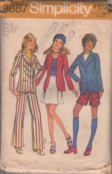 Simplicity 9887 Vintage 70's Sewing Pattern Hipster Separates, Fitted Blazer Suit Jacket, Panel Front Mini Skirt, Cuffed Shorts, Belled Bottom Pants Size 10