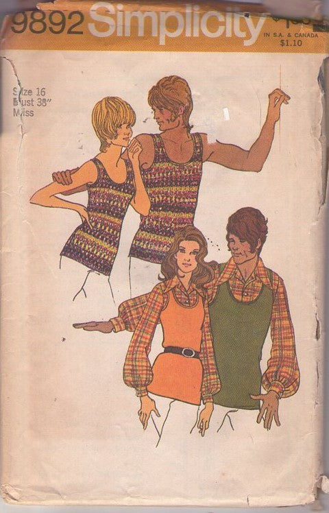 Simplicity 9892 Vintage 70's Sewing Pattern Summer Shirts, Scoop Neck Tank Top, Pointed Collar Shirt, Sweater Set Look Size 16