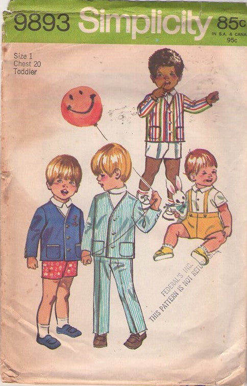 Simplicity 9893 Vintage 70's Sewing Pattern Boys' Suit, Easter Sunday Suit Jacket, Suspender Shorts, Pants Size 1