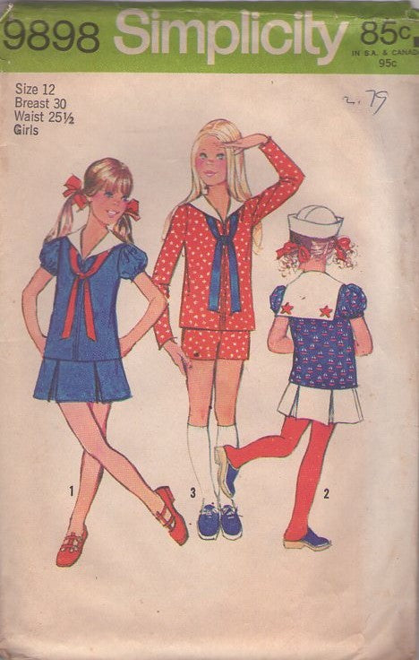 Simplicity 9898 Vintage 70's Sewing Pattern Teen Separates, Girl's Nautical Mod Sailor Collar Blouse, Top, Shorts, Pleated Skirt, 2 Piece Dress Size 12