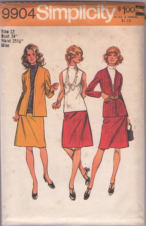 Simplicity 9904 Vintage 70's Sewing Pattern Secretary Wardrobe, Turtle Neck Top, A-Line Skirt, Cardigan Suit Jacket Size 12