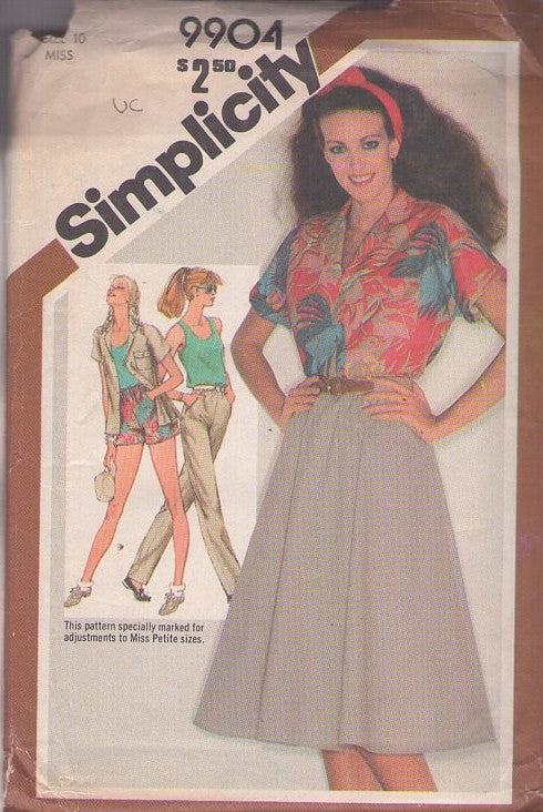 Simplicity 9904 Vintage 80's Sewing Pattern Mix & Match Separates, Tropical Vibes, Novelty Fabric, Blouse, Shorts, Tank Top, Flared Skirt, Trousers Size 10