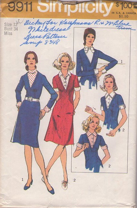 Simplicity 9911 Vintage 70's Sewing Pattern Secretary Dress Set, Deep V Neck, Shaped Side Seams Secretary Dress, Dickie and Cuffs Options Size 12