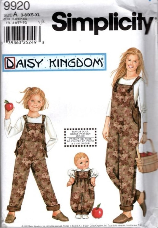 Simplicity 9920 Retro 2001 Sewing Pattern Mother & Daughter Matching Cottagecore Jumpsuit, Daisy Kingdom, Matching 18" Doll Clothes Size 3-8, XS-XL