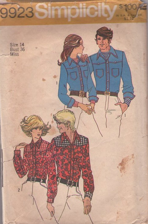 Simplicity 9923 Vintage 70's Sewing Pattern Shirt Set, Yoked & Top Stitched Disco Cowboy Patchwork Tapered Pearl Snaps Western Shirt, Blouse Size 14