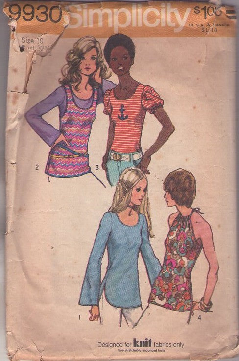 Simplicity 9930 Vintage 70's Sewing Pattern Tank Tops, Scoop Neck Tank Top, Puff Sleeve Tshirt, Halter Top or Tunic Shirt Size 10