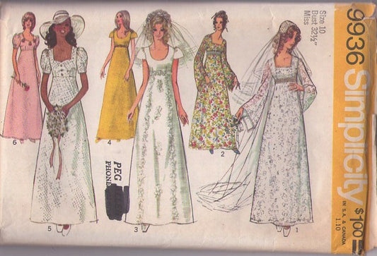 Simplicity 9936 Vintage 70's Sewing Pattern Mod Wedding Gown, Garden Party Maxi Dress Set, Sheer Lace Angel Sleeves, Empire Waist, Goth Renaissance Themes Size 10