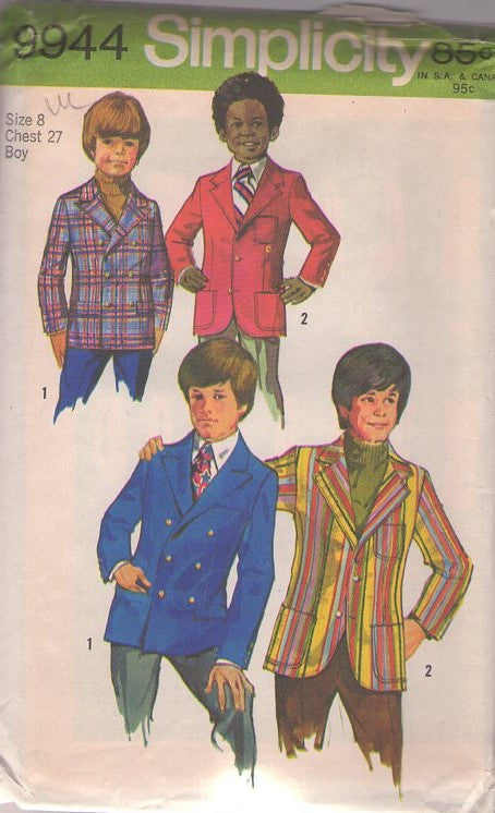 Simplicity 9944 Vintage 70's Sewing Pattern Boys' Jackets, Retro Single or Double Breasted Suit Jacket, Sports Coat, 2 Styles Size 8