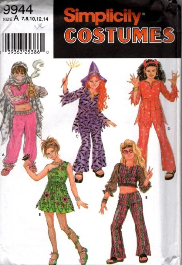 Simplicity 9944 Retro 2001 Sewing Pattern Girls' Halloween Costume Set, Hippie, Genie, Witch, Fairy, Devil Size 7-14
