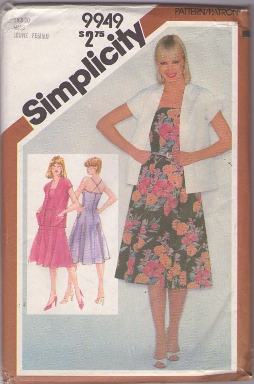 Simplicity 9949 Vintage 80's Sewing Pattern Dress & Jacket, Disco Era Criss Cross Back Straps Flared Skirt Sun Dress, Cap Sleeve Cardigan Jacket Cover Up Size 18-20