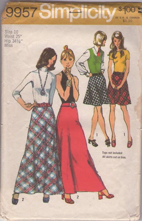 Simplicity 9957 Vintage 70's Sewing Pattern Bias Skirts, Hostess Maxi or Secretary Flared Mini Skirt, Contour Belt Size 10