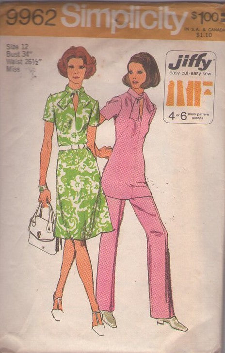 Simplicity 9962 Vintage 70's Sewing Pattern Secretary Pantsuit Separates, Easy Jiffy Keyhole Neckline Tie Scarf Collar, Day Dress, Tunic Top Blouse & Pants Size 12