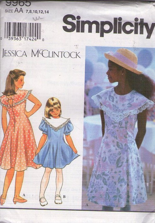 Simplicity 9965 Vintage 90's Sewing Pattern Girl's School Dresses, Designer Jessica McClintock Summer Garden Party, Fit & Flared, 2 Styles Size 7-14