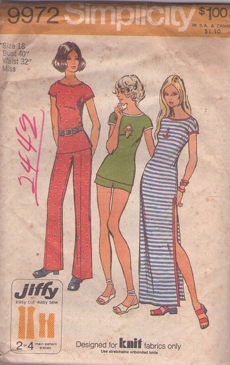Simplicity 9972 Vintage 70's Sewing Pattern Jiffy Separates, Top & Dress Set, Shorts, Pants, Easy to Sew, Jiffy Knits Separates Size 18