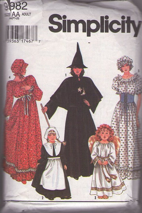Simplicity 9982 Vintage 90's Sewing Pattern Girl's Halloween Costume, Pilgrim, Witch, Angle & Wings, Colonial, Cottagecore Farmcore Dress, Hats, Collars Size BB 2-12