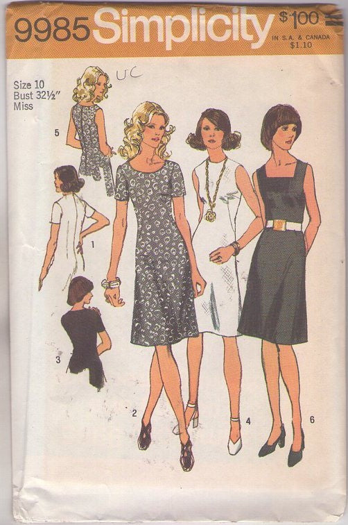 Simplicity 9985 Vintage 70's Sewing Pattern Mod Dresses, Minimalist Easy 3 Neckline Choices Fit & Flared Secretary Day Dress Size 10