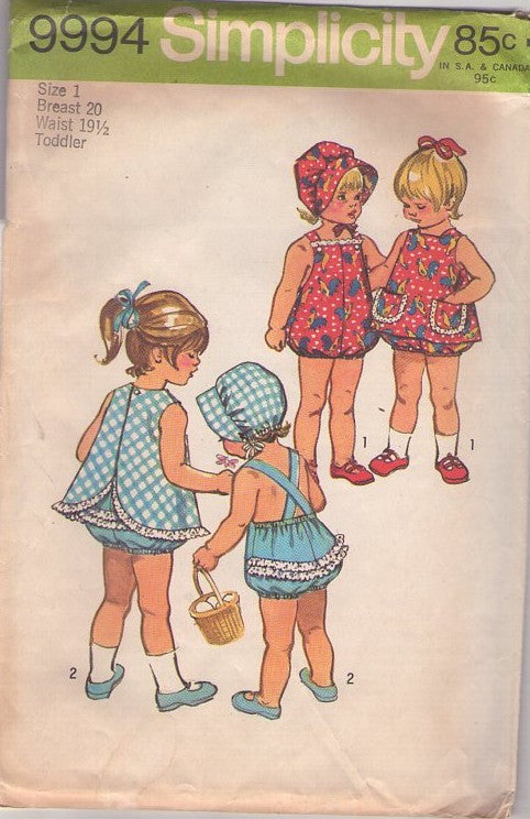 Simplicity 9994 Vintage 70's Sewing Pattern Baby Playsuit, Bubble Leg, Criss Cross Straps, Sunsuit, Pinafore Dress Cover Up, Sun Bonnet Hat Size 1