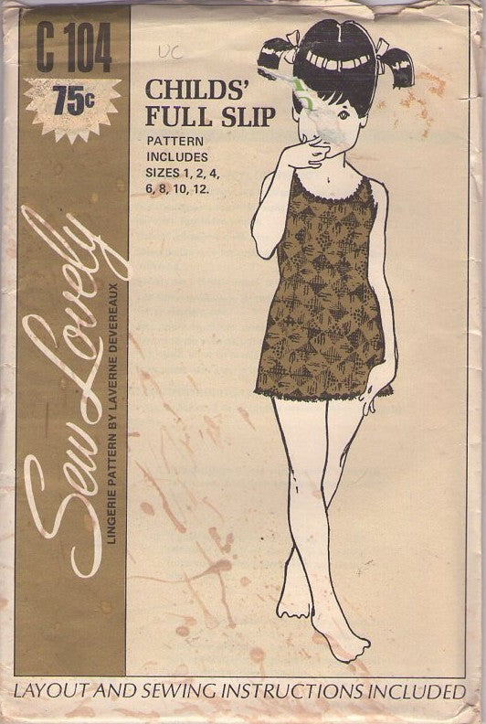 Sew Lovely C 104 Vintage 70's Sewing Pattern Girl's Slip, Lace Trimmed Full Dress Slip, Scoop Neck Multi Sizes