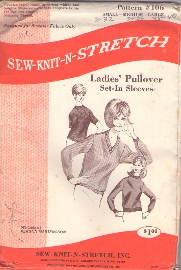 Sew Knit Stretch 106 Vintage 60's Sewing Pattern Mod Housewife Pullover Set In Sleeves Sweater Top Size S-L